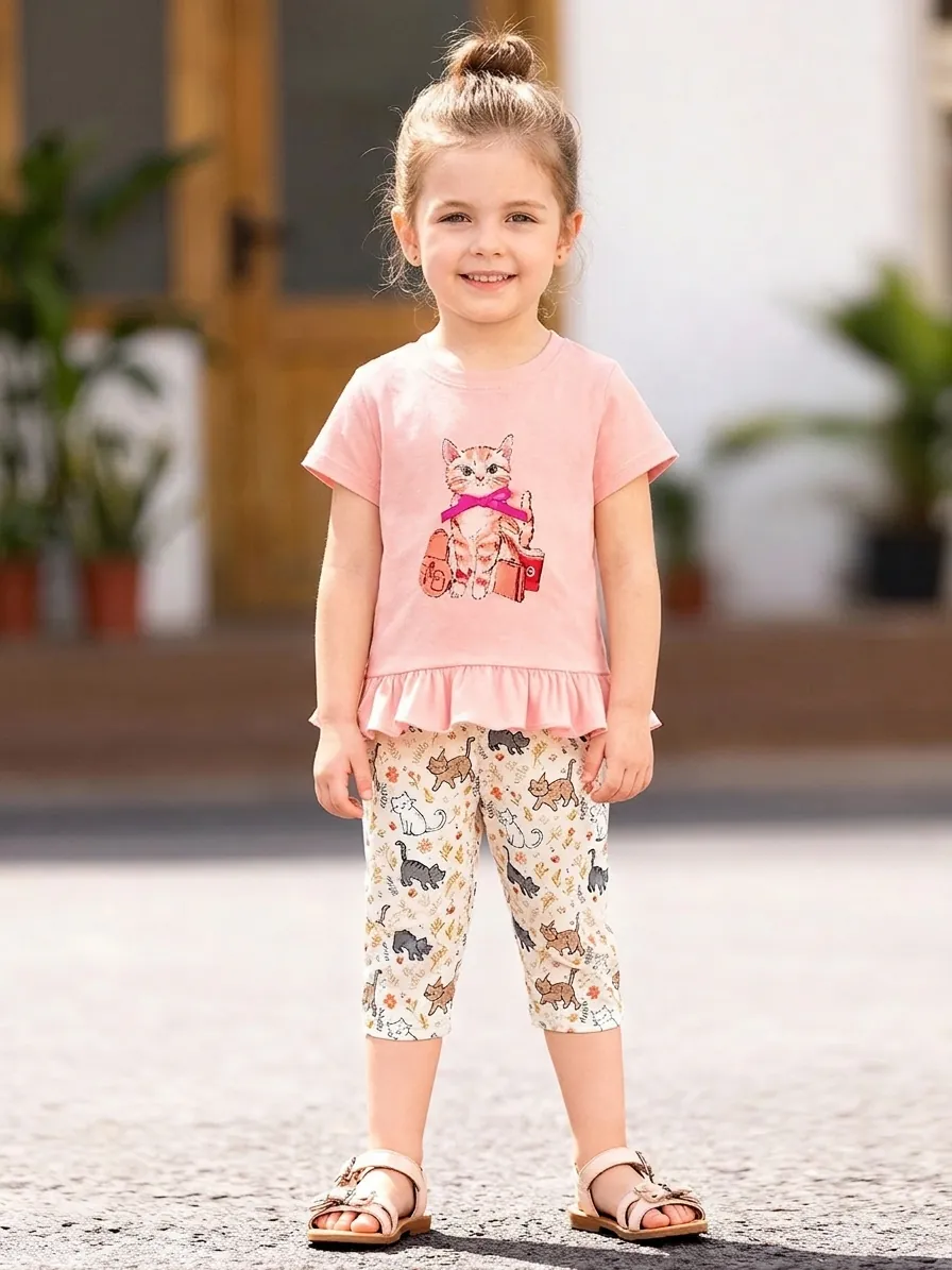 Vêtements d'Été en Coton pour Petites Filles Avec Haut à Manches Courtes Imprimé Chat et Pantalon Fleuri