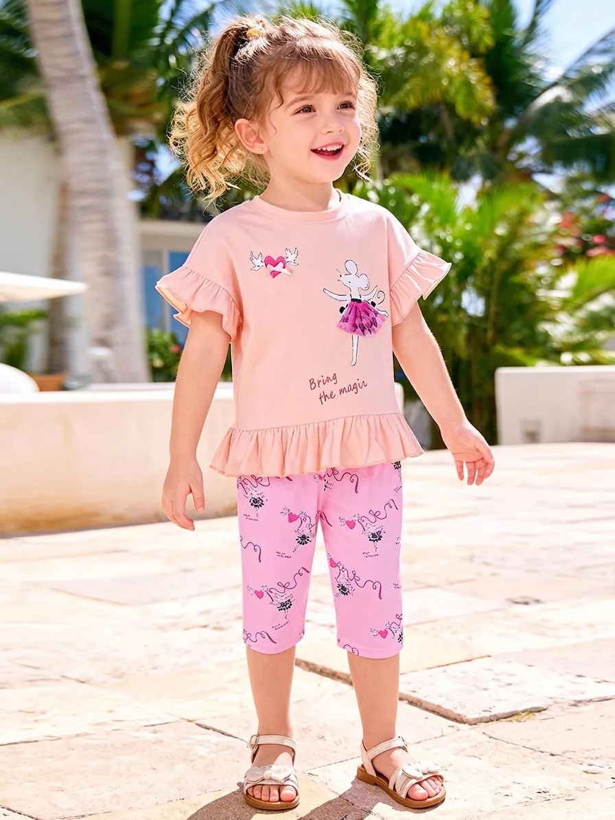Girls Summer Clothing Cartoon Mouse Printed Pink Ruffle Short Sleeve Top And Pants Cotton Kids Toddler Comfortable Everyday Outfit