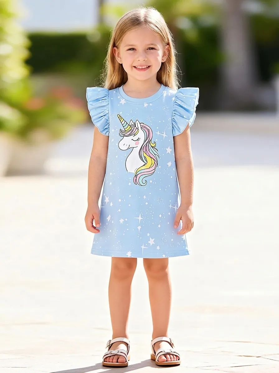 Mädchen Baumwolle Flügelärmel Kleid Cartoon Einhorn Stern Druck Sommer Kurzarm Weich Atmungsaktiv Casual Prinzessin Kleid