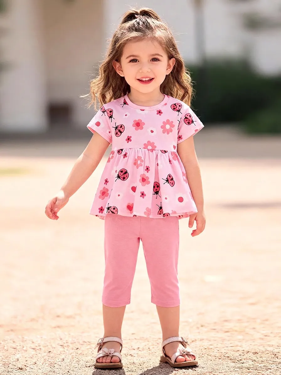 Vêtements d'Été Décontractés pour Filles en Coton T-Shirt à Manches Courtes et Short Rose avec Imprimé Floral Coccinelle pour Enfants