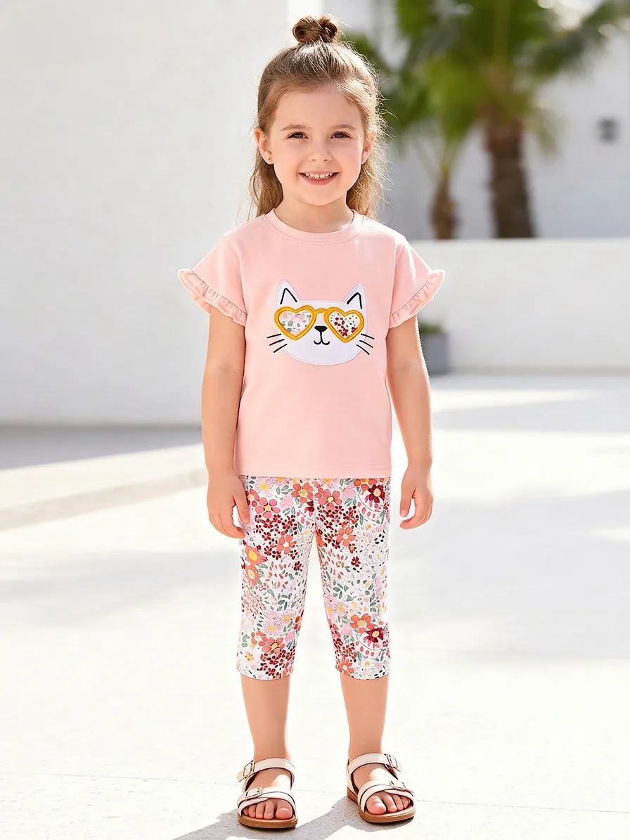Little Maven Ensemble Vêtements Été Filles Haut Chat Rose Et Pantalon Fleuri Coton Respirant Tenue Décontractée Enfants