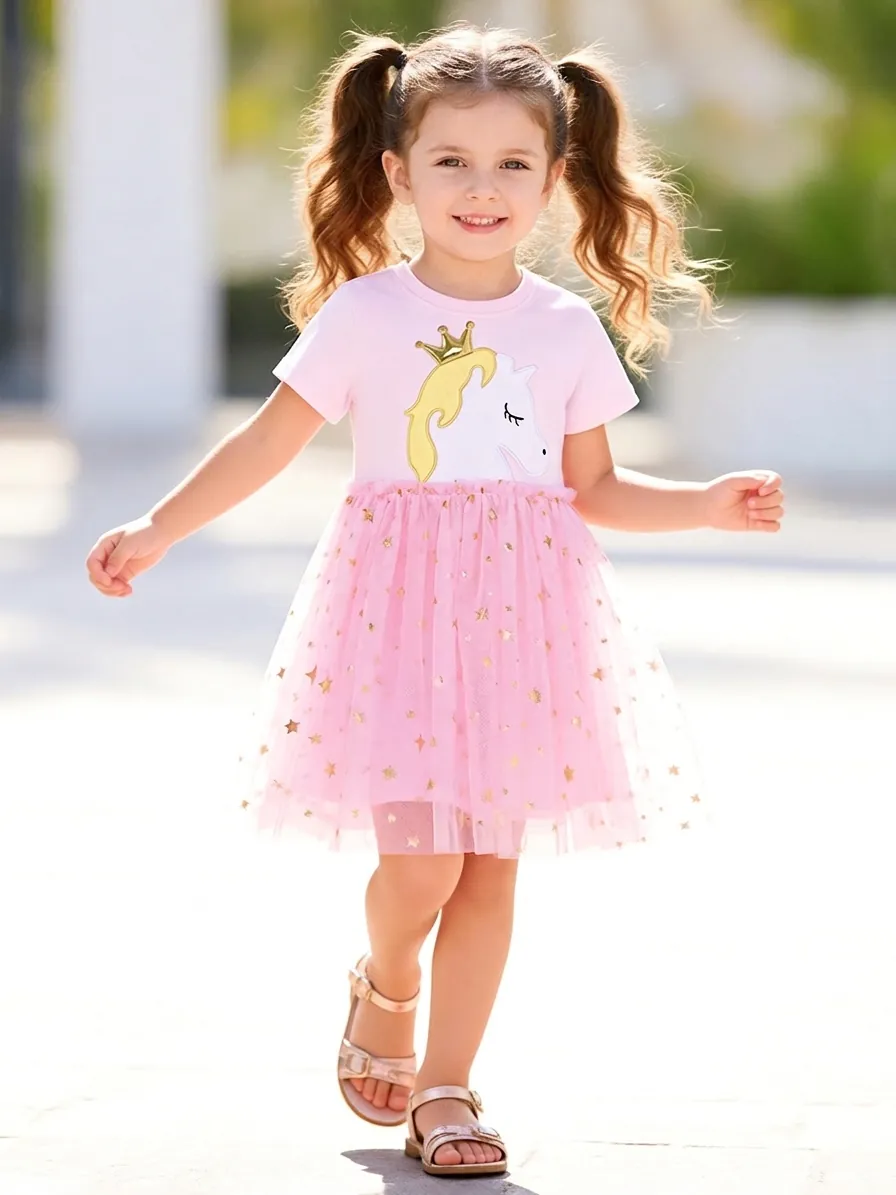 Robe de Princesse Licorne Rose pour Filles Tulle Étoile à Paillettes Coton Manches Courtes pour Fête d'Anniversaire Été