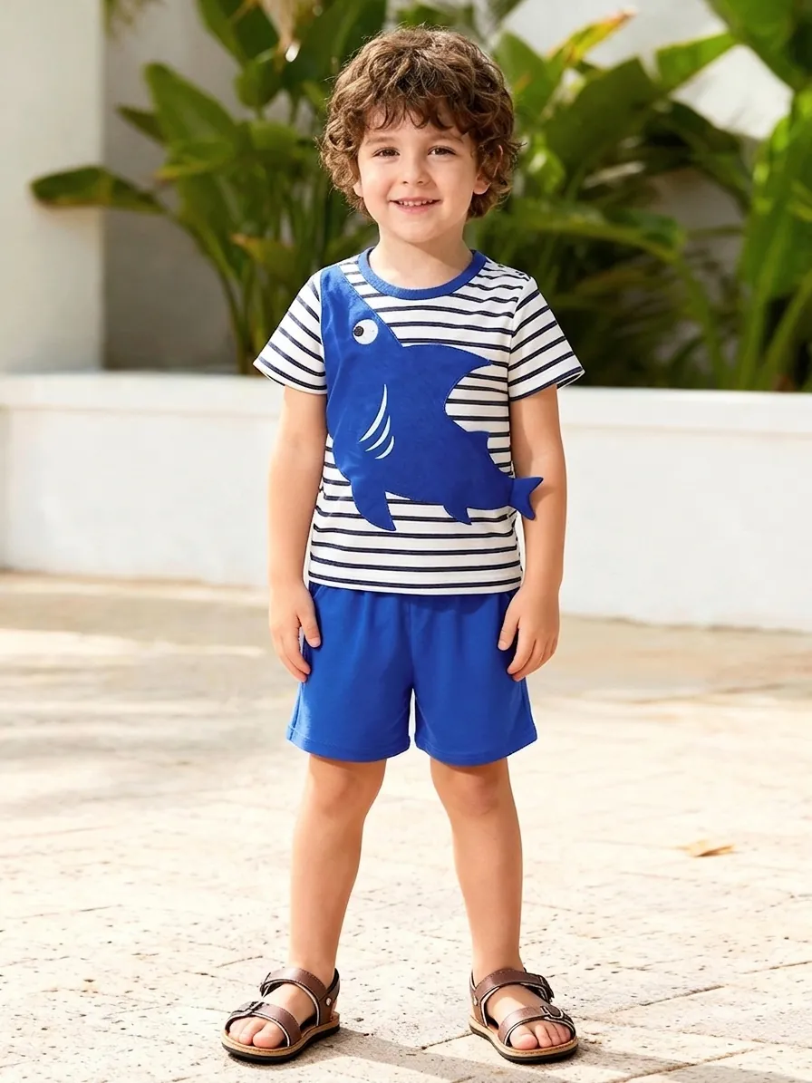 Boys Summer Shark Striped Clothing Set Short Sleeve T-shirt And Shorts Cotton Casual Western Style Two Piece Kids Outfits