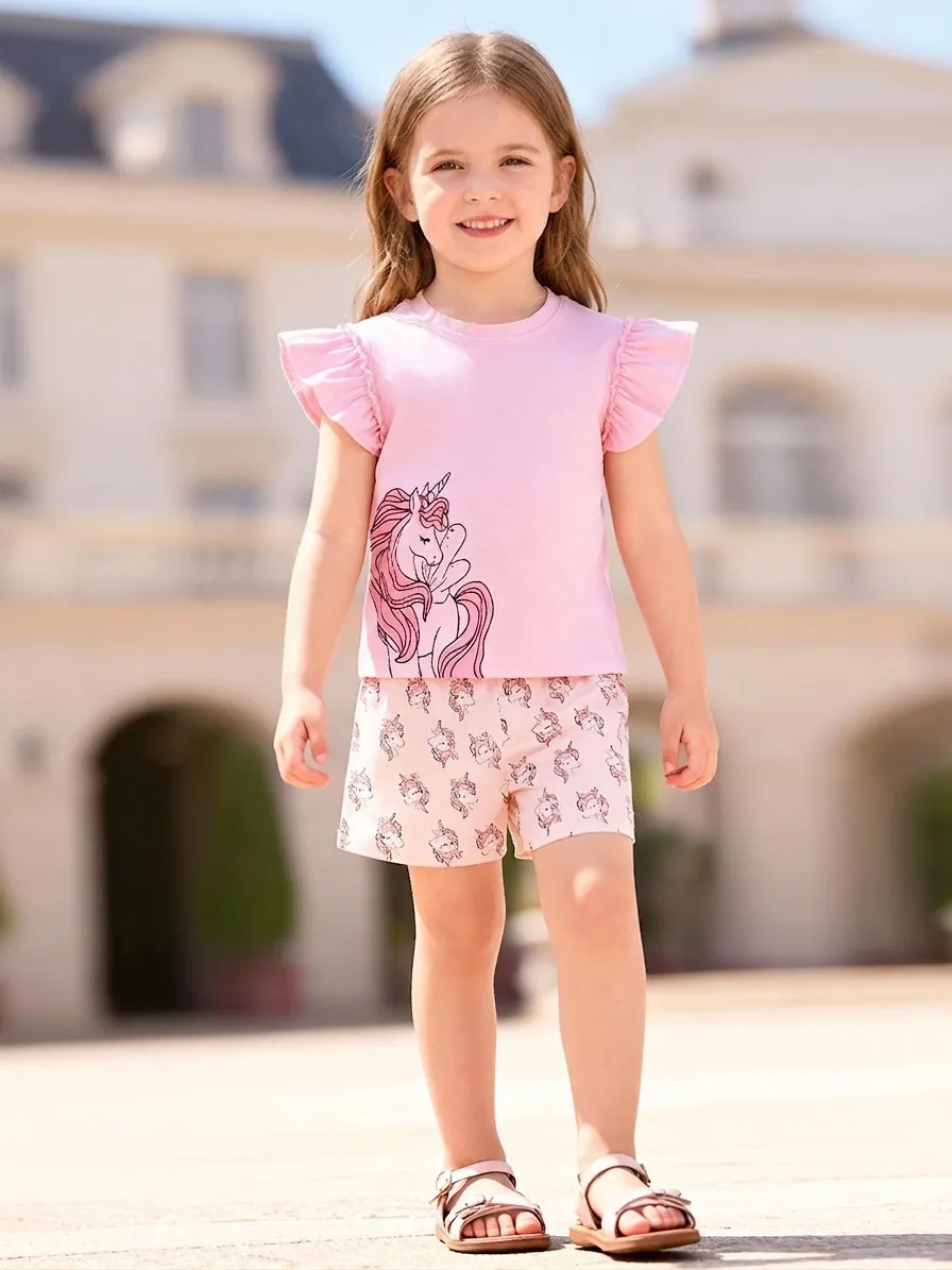 Mädchen Sommer Baumwolle T-Shirt Und Shorts Rosa Einhorn Outfit Lässig Süß Ruffle Ärmel Top Und Hose Set Für Alltag