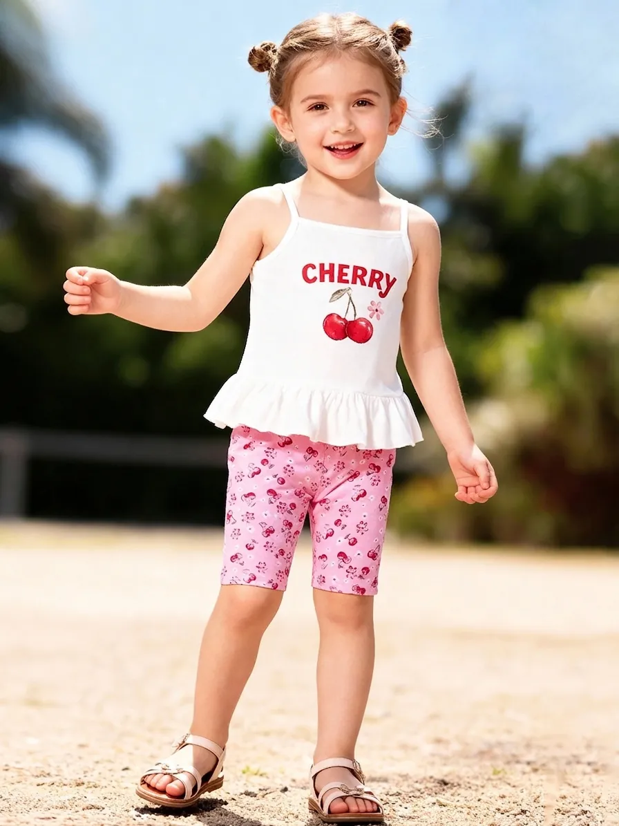 Girls Summer Cotton Tank Top And Shorts Set Cherry Print Ruffle Hem Sleeveless Two Piece Outfit Daily Clothing For Kids