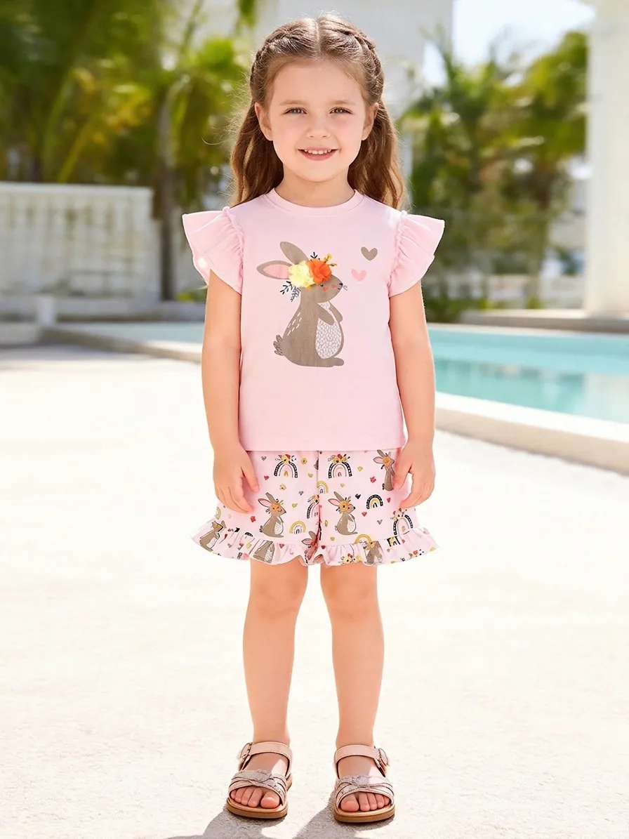 Toddler Girls Summer Cotton Clothes Top And Shorts Pink Bunny Rainbow Print Flutter Sleeve Ruffle Outfit For Kids
