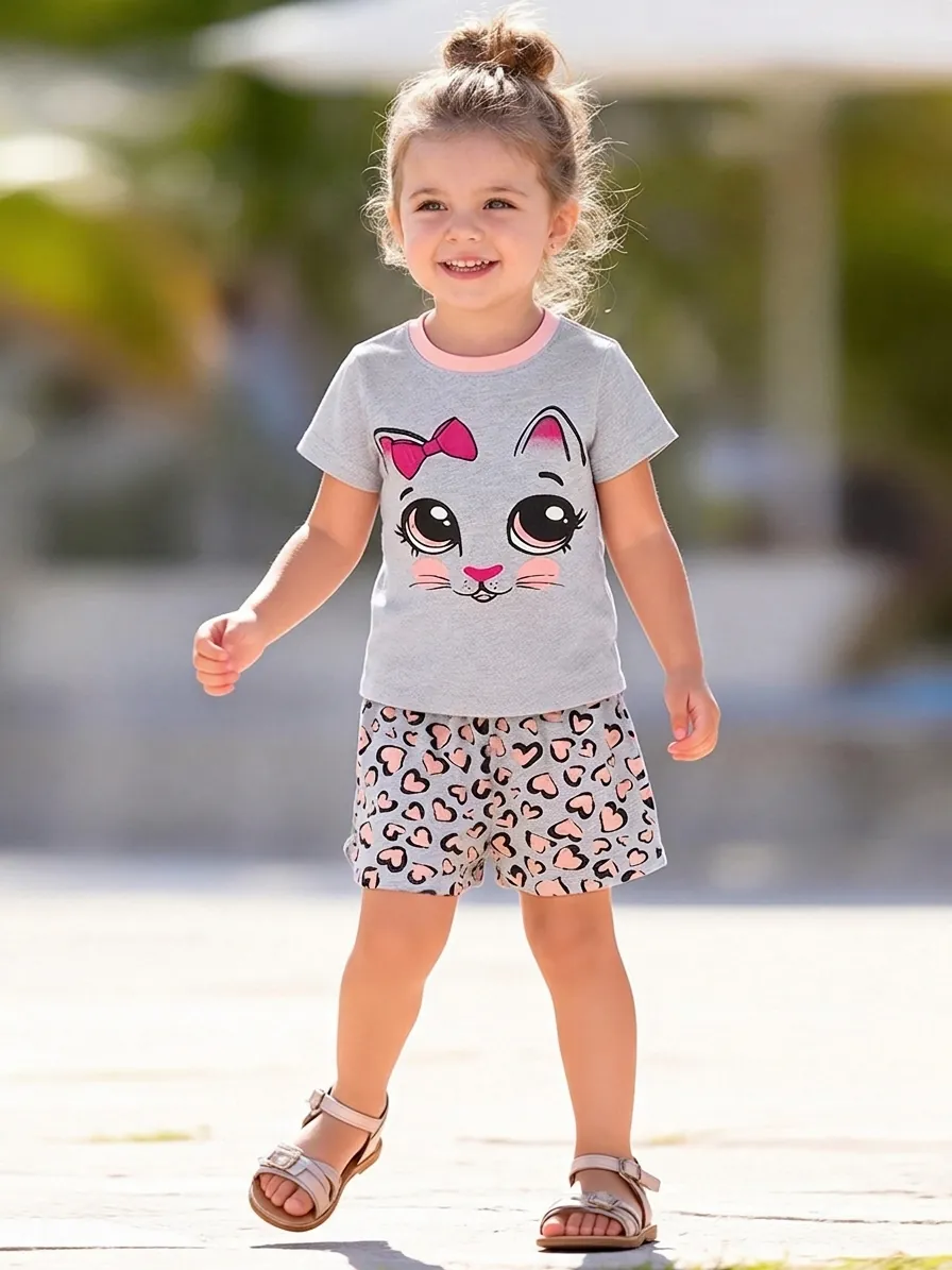 Girls Short Sleeve Cat Graphic Tee And Heart Leopard Print Shorts Summer Outfit Casual Cotton Toddler Clothing For Kids