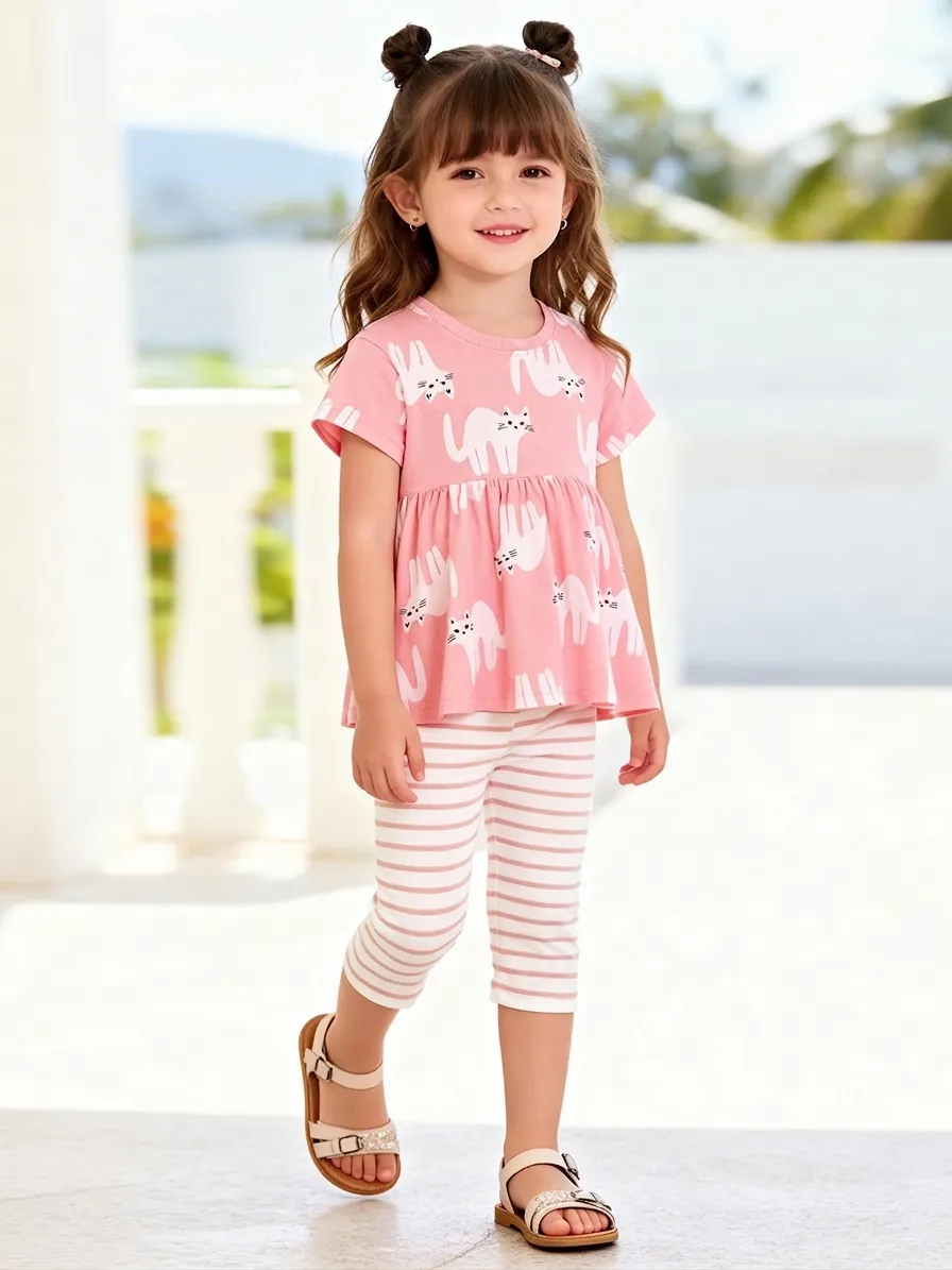 Little Maven Girls Summer Clothing Set Pink Cat Print Ruffle T-Shirt And Striped Shorts Cotton Soft Two Piece Casual Outfit