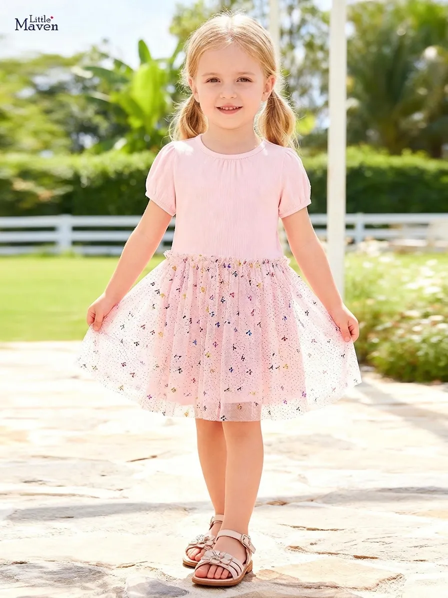 Abito Tutu in Rete Rosa Estivo per Bambine Patchwork in Cotone a Maniche Corte Principessa Farfalla Paillettes per Bambini