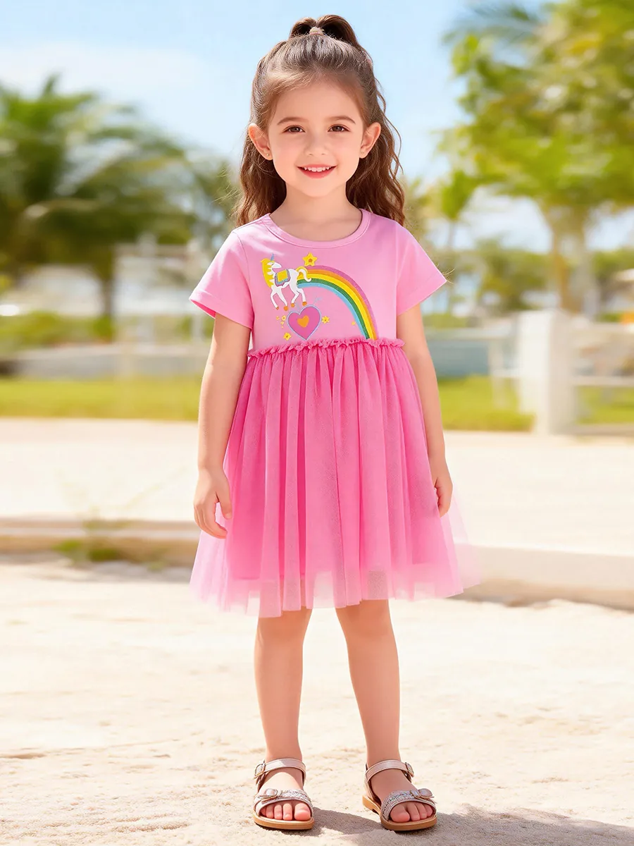 Robe Rose à Manches Courtes pour Petites Filles Imprimé Licorne Arcobaleno Patchwork en Maille Tutu Robe de Princesse Été Décontracté Quotidien