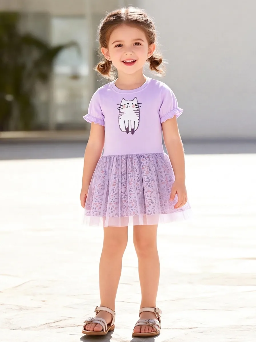 Robe d'Été à Manches Courtes Violette pour Filles Avec Broderie de Chat et Tutu en Maille Florale Robe Princesse en Coton
