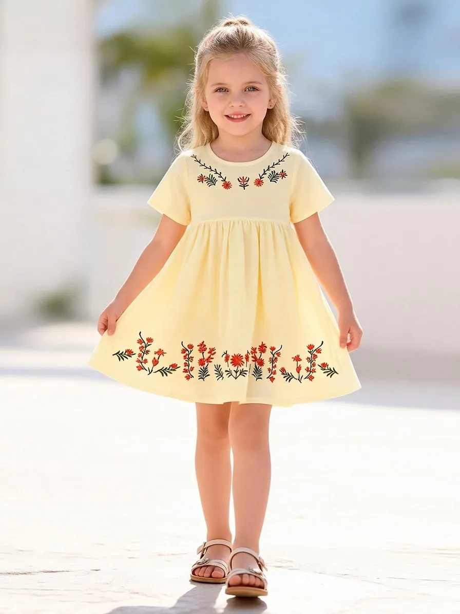 Girls Cotton Short Sleeve Dress Featuring Floral Embroidery Pastoral Style Round Neck Summer Princess Dress For Kids Clothes