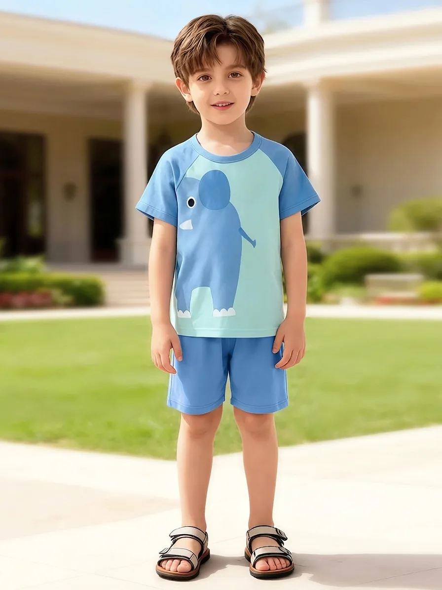 Little Maven Ensemble de Vêtements d'Été en Coton pour Garçons T-Shirt à Manches Raglan Imprimé Éléphant et Short Élastique
