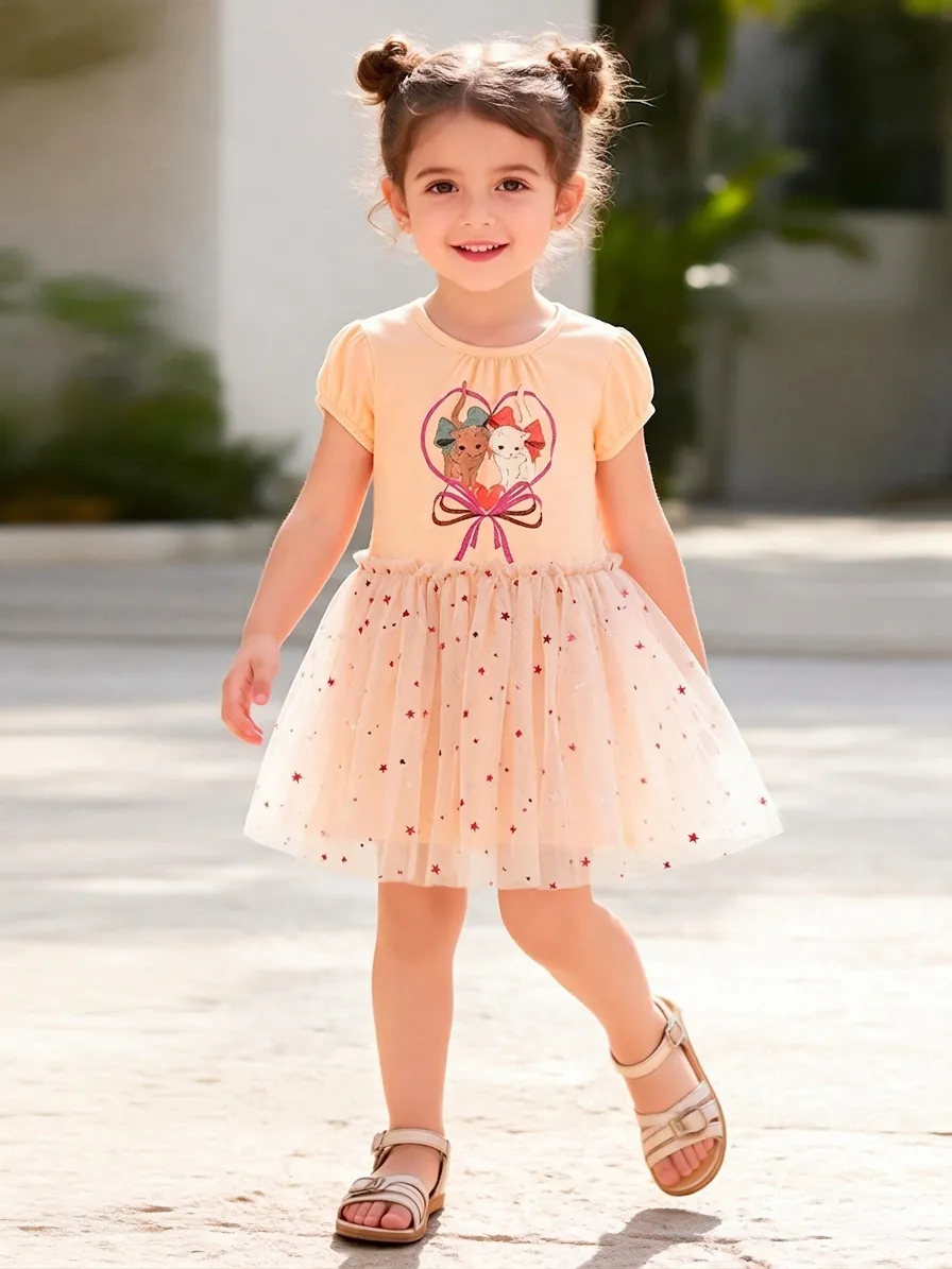 Mädchen Sommer Kurzarm Baumwollkleid Süße Cartoon Katze Herz Druck Patchwork Netz Tutu Prinzessin Kleid Mit Stern Pailletten