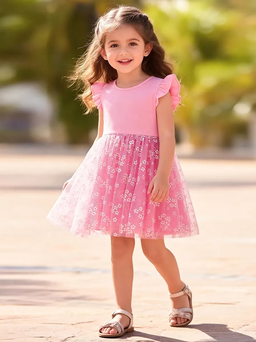 Robe en Maille Florale d'Été pour Filles Rose Manches Volantées Robe de Princesse Avec Doublure en Coton Robe de Fête Douce