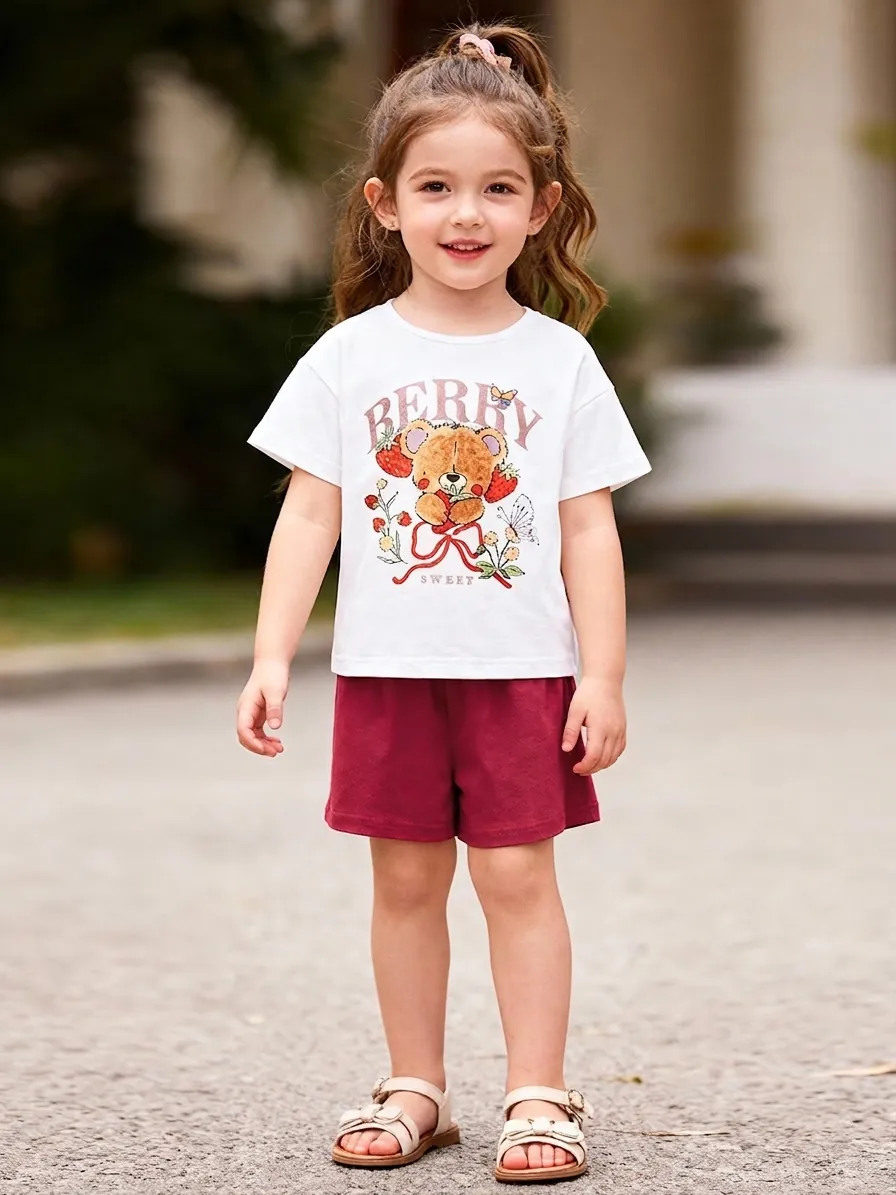 Ensemble de Vêtements d'Été pour Filles 100% Coton Imprimé Ours T-Shirt à Manches Courtes et Short Tenue Décontractée Enfants