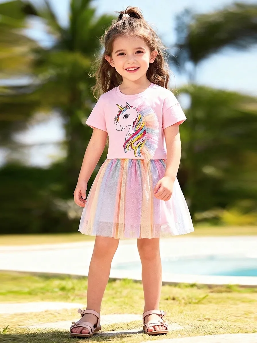Little Maven Toddler Girls Summer Clothing Set Pink Unicorn Short Sleeve T-Shirt Rainbow Mesh Tulle Skirt 2-Piece Outfit