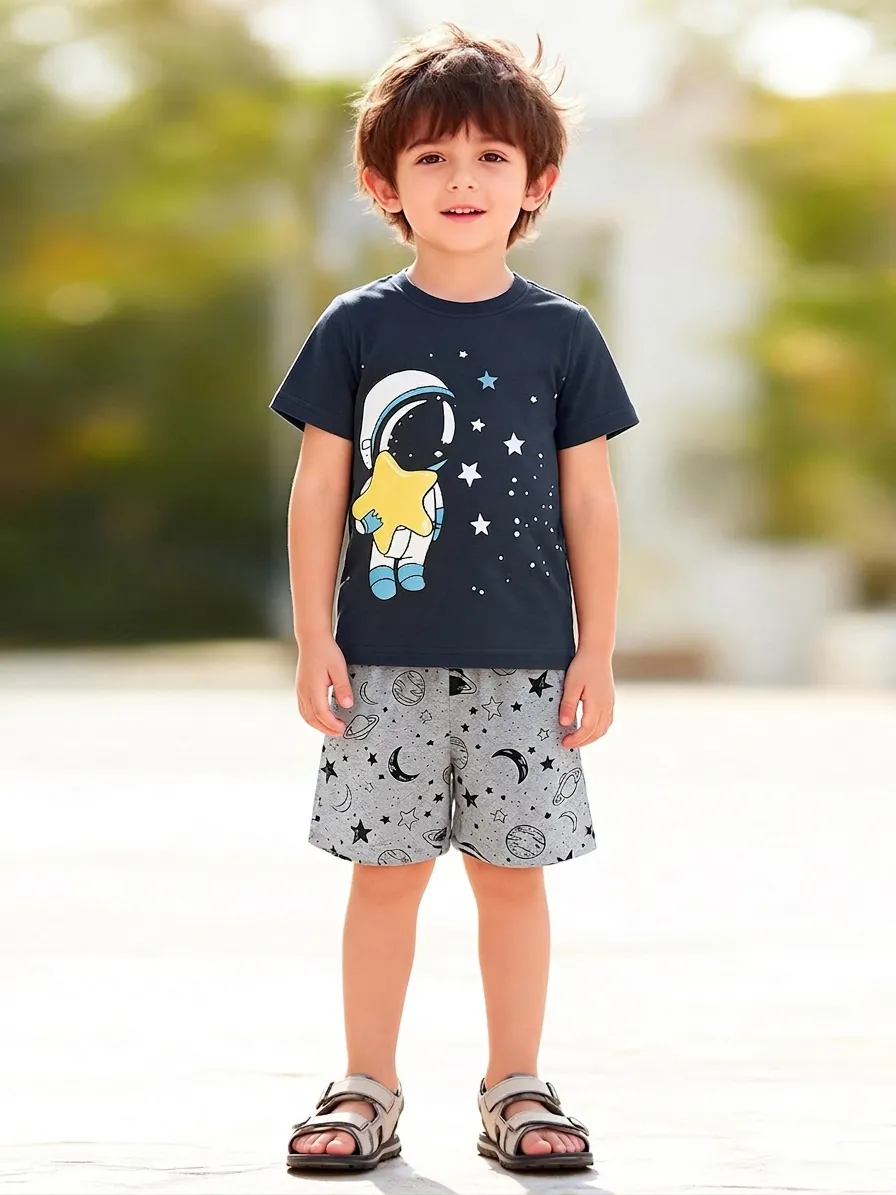 Boys Cotton Short Sleeve Top Vest And Shorts Set Astronaut Space Theme Printed Summer Casual Clothes For Toddler Kids