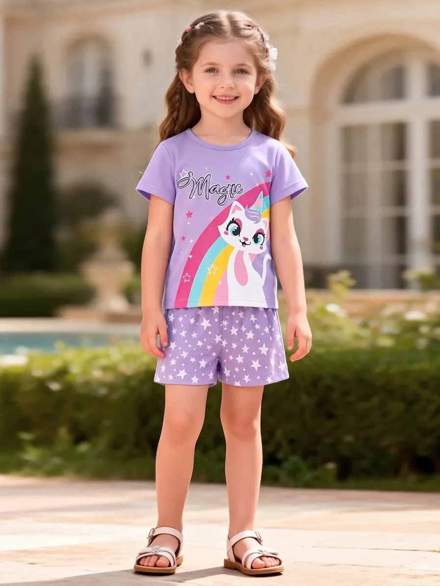 Girls Summer Cotton T-Shirt Tank Top and Shorts Set Unicorn Rainbow Print Cute Casual Outfit For Kids
