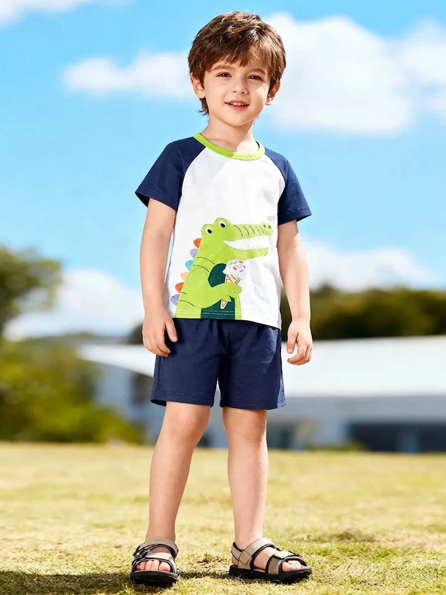 Boys Casual Cotton Short Sleeve T-Shirt And Shorts Set Alligator Applique Raglan Sleeve Summer Toddler Outfit Clothing