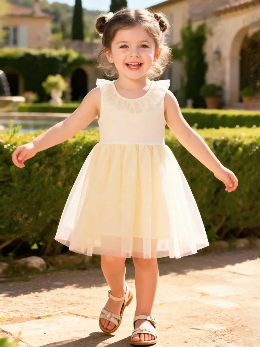 Robe d'Été Sans Manches Little Maven pour Filles Avec Col à Volants Jupe Tutu en Maille Robe Décontractée en Coton pour Enfants
