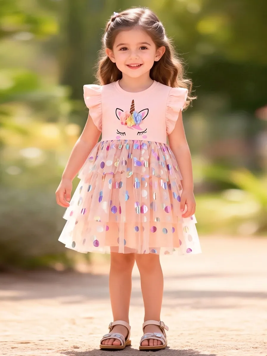 Mädchen Sommer Einhorn Prinzessin Netz Kleid Bunte Laser Punktmuster Tüll Patchwork Tutu Party Kleid Für Kleinkinder