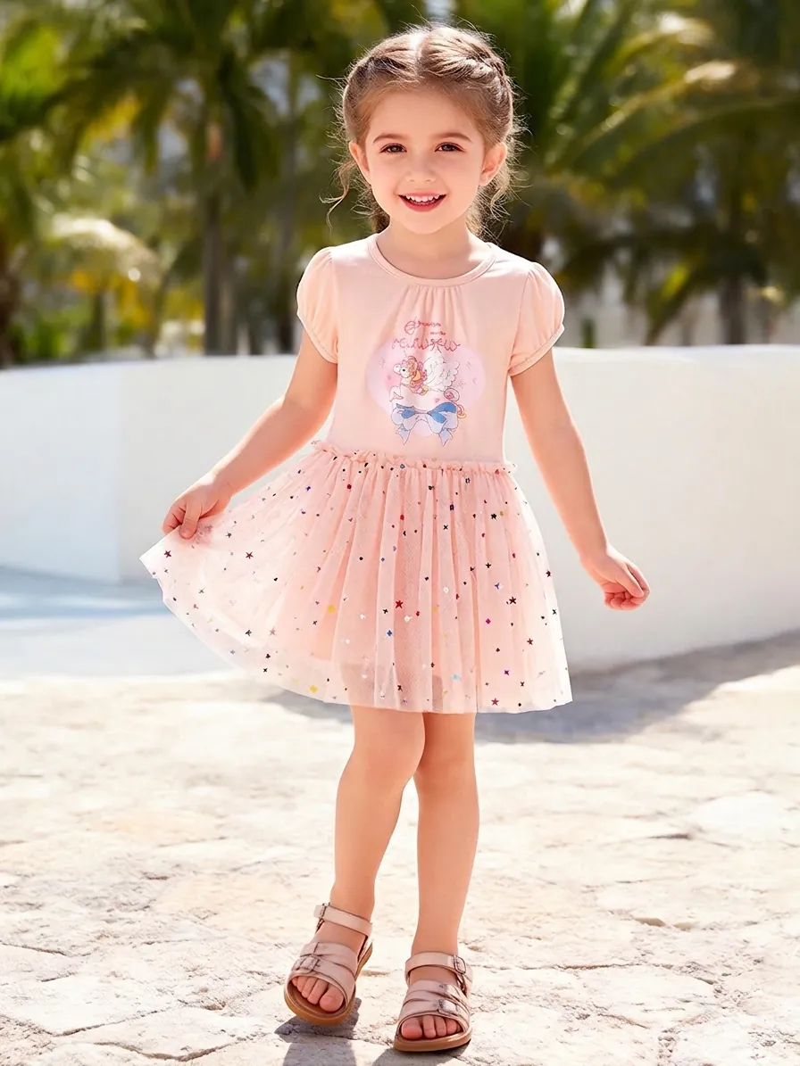 Girls Pink Unicorn Sequin Mesh Dress Cotton Summer Short Sleeve Princess Tutu Dress For Party Casual Children Clothes