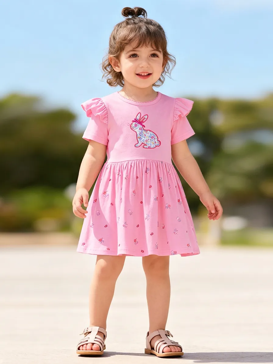 Kleinkind Mädchen Sommer Baumwolle Kurzarm Rosa Kleid Mit Blumen Kaninchen Applikation Rüschenärmel Lässig Prinzessin Rock