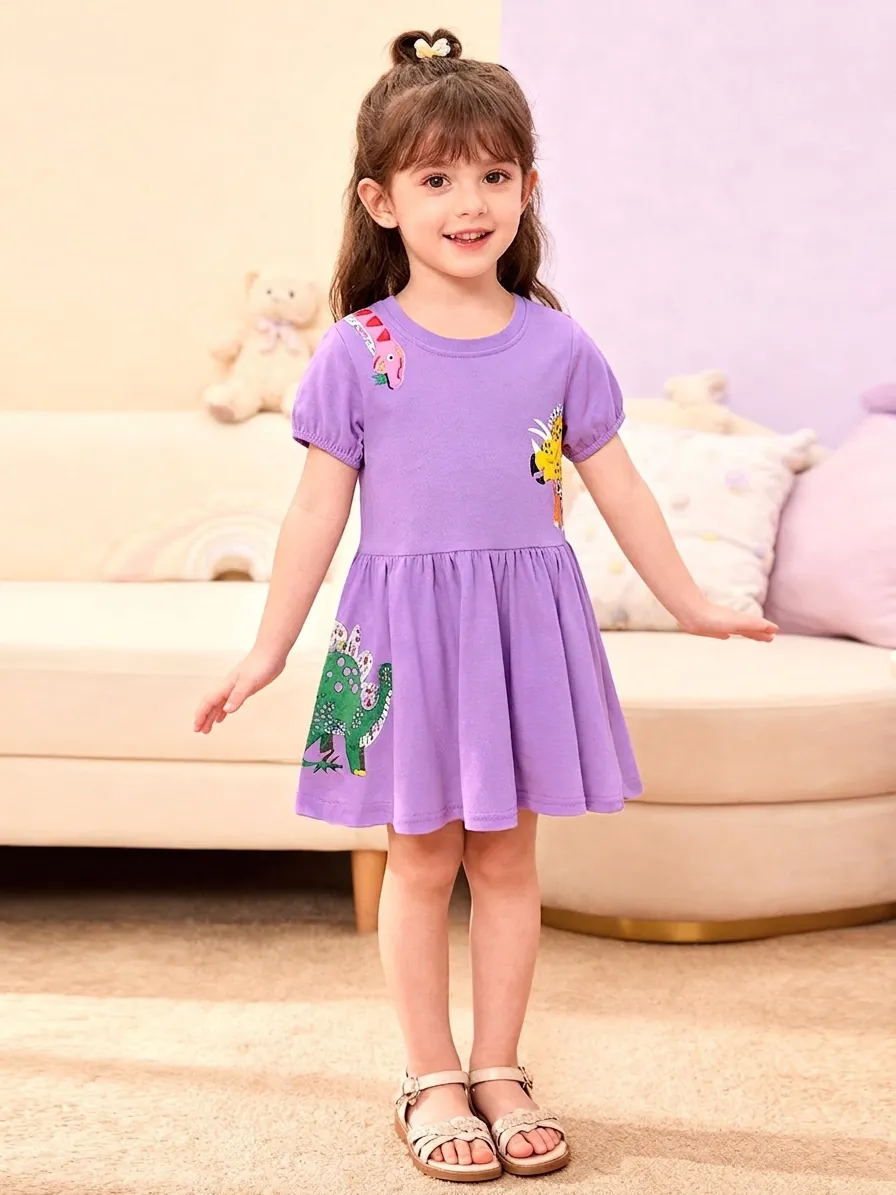 Little Maven Meisjes Zomer Korte Mouw Katoenen Jurk Cartoon Dinosauriër Applique Paars Peuter Dagelijks Prinsessenjurk