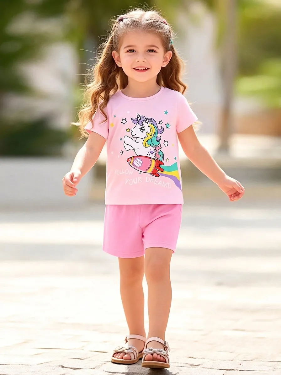 Little Maven Mädchen Kurzarm Oberteile Und Shorts Kleinkind Baumwolle Einhorn Regenbogen Muster Sommer Outfit Für Kinder