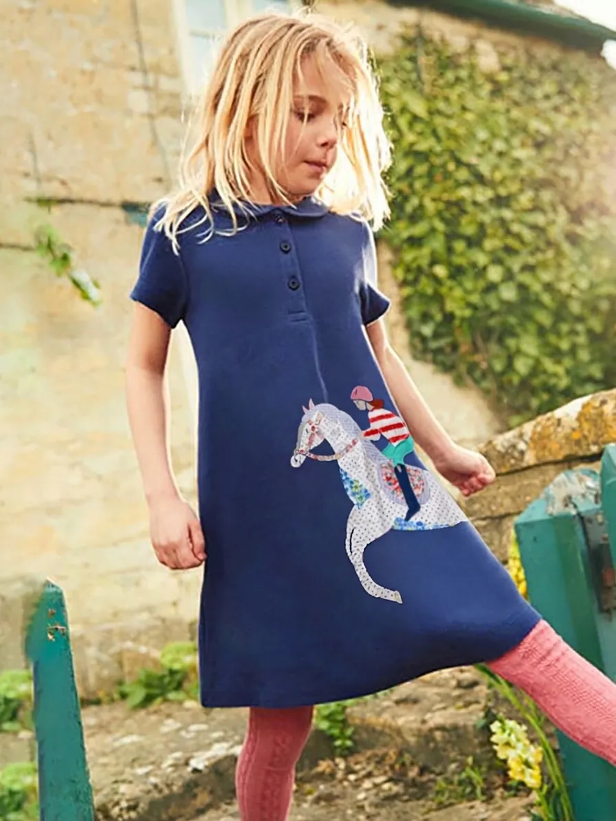 Girls Short Sleeve Cotton Polo Dress With Cartoon Horse Applique Embroidery Peter Pan Collar Summer Casual Princess Dress