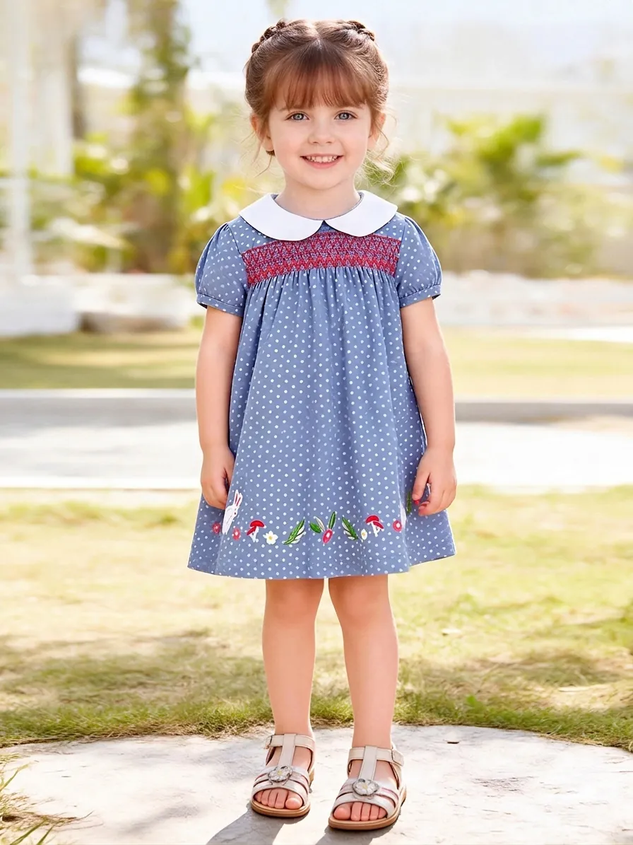 Girls Cotton Short Sleeve Polka Dot Dress Smocking Embroidery Rabbit Flower Peter Pan Collar Summer Casual Princess Dress