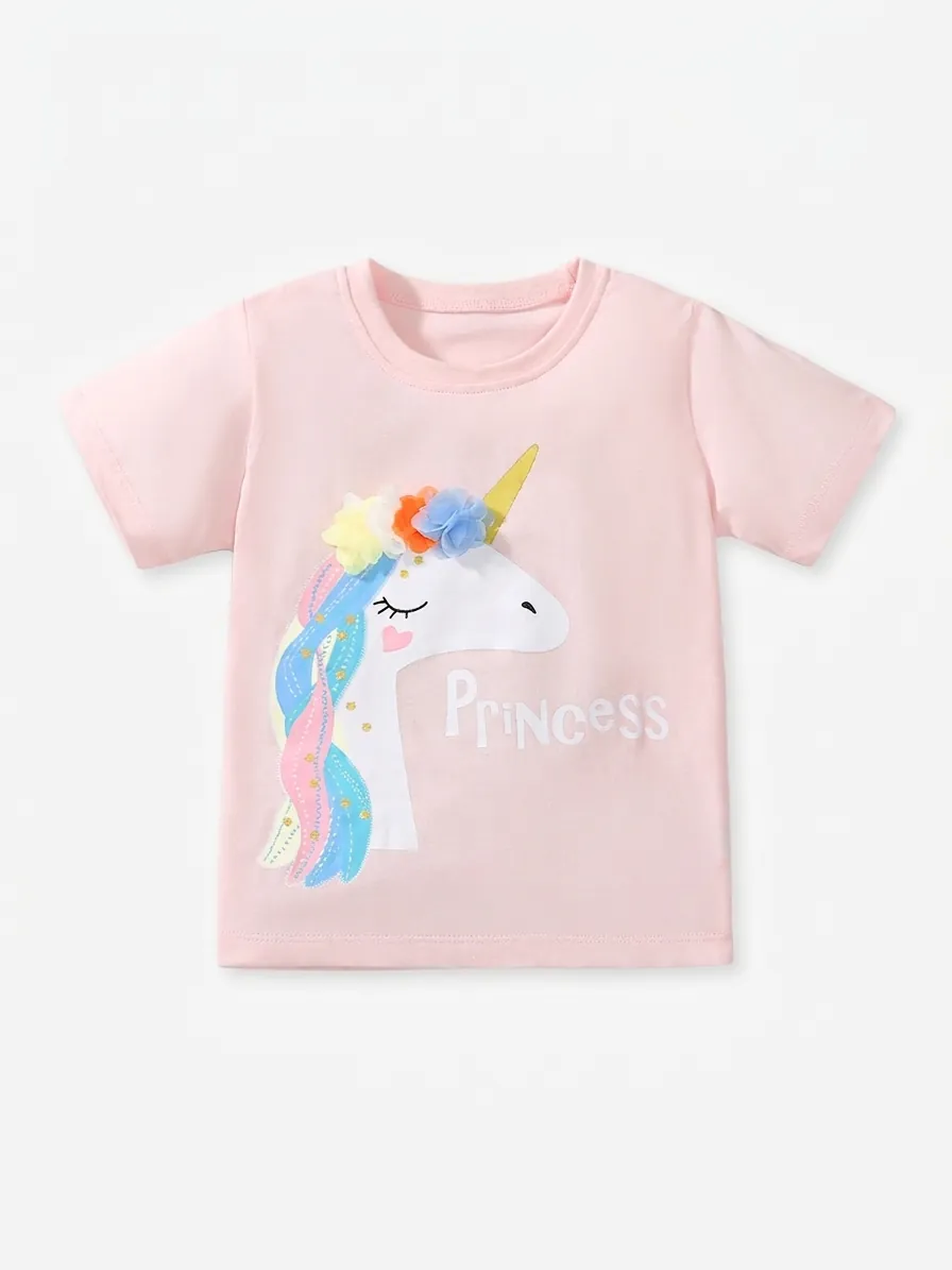 Little Maven Filles T-Shirt en Coton Manches Courtes Rose Licorne Princesse Tee Avec Décoration Fleurs en Maille 3D Enfants Top