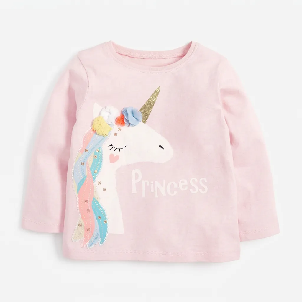 Maglietta a Maniche Lunghe per Bambina Con Unicorno in Cotone 100% Rosa Con Applique di Fiori 3D Princess Top Casual