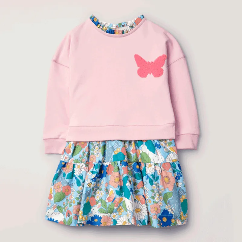 Robe à Manches Longues pour Filles Little Maven Automne Hiver en Coton Doublée Polaire Motif Floral Animal Patchwork Robe de Princesse