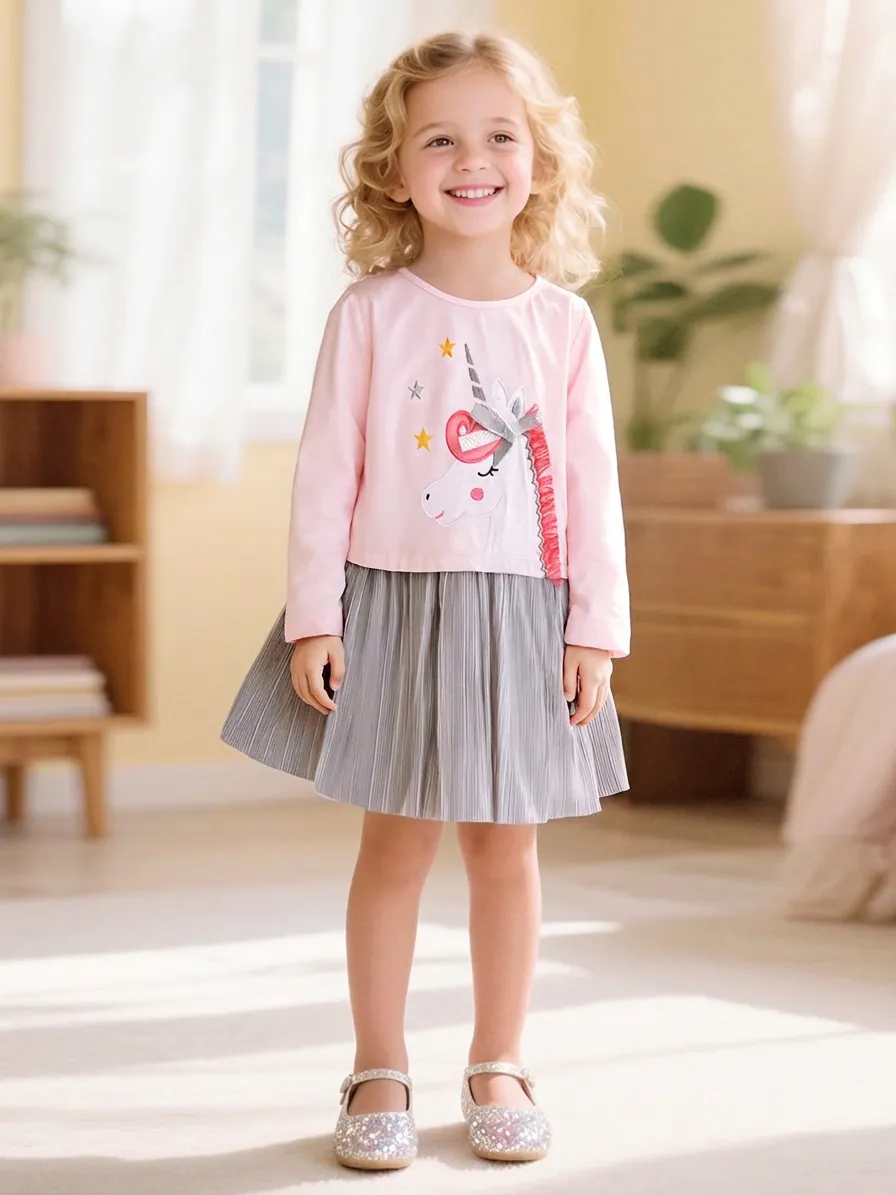 Little Maven Robe à Manches Longues Licorne pour Filles Patchwork Haut en Tricot de Coton Jupe Plissée Argentée Vêtements