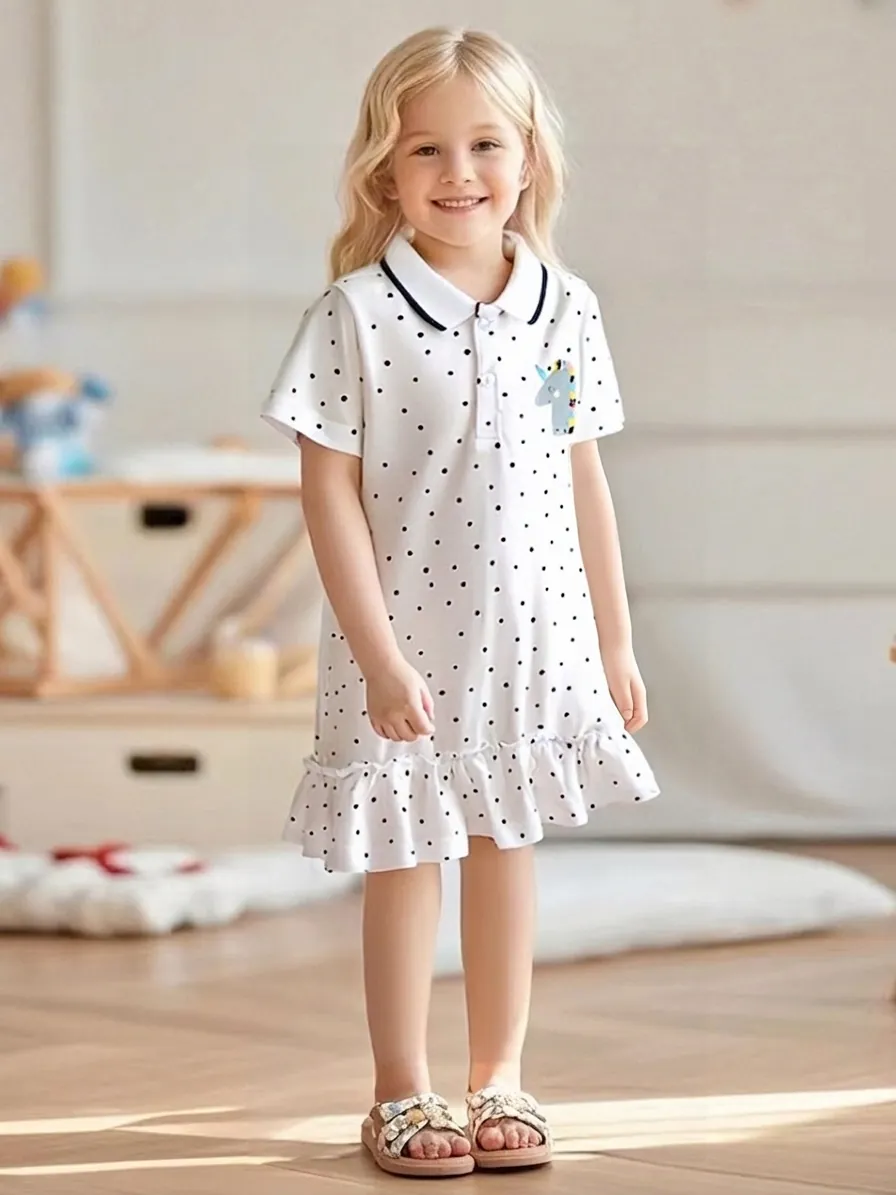 Girls Summer Short Sleeve Polo Dress White Polka Dot Unicorn Embroidery Ruffle Hem Cotton Knit Dress For Kids