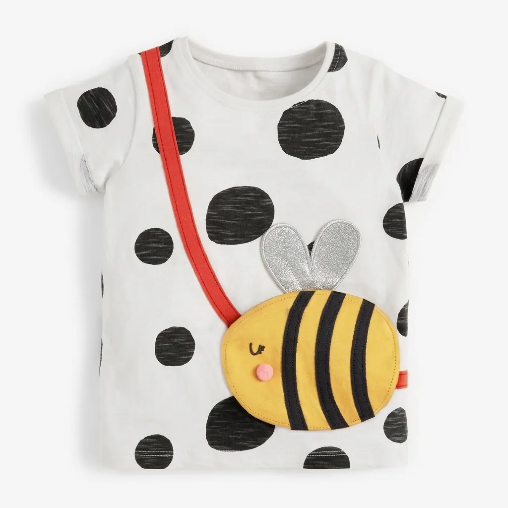 Maglietta da Bambina in Cotone a Manica Corta Con Applique 3D Ape Simpatica Fantasia a Pois Top Estivo per Bambini Abbigliamento Casual