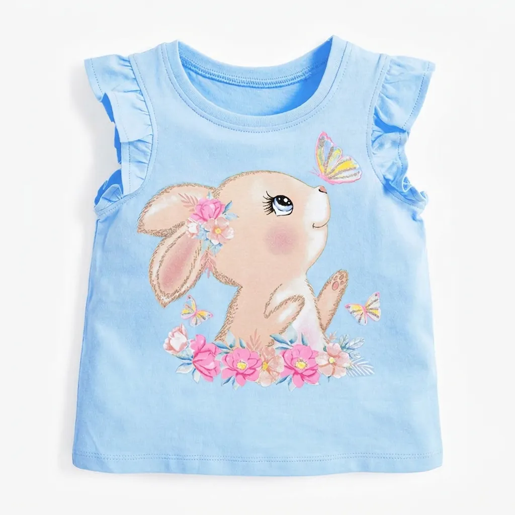 T-Shirt en Coton pour Filles Imprimé Lapin Dessin Animé Floral Volants aux Manches Col Rond Haut Décontracté Été