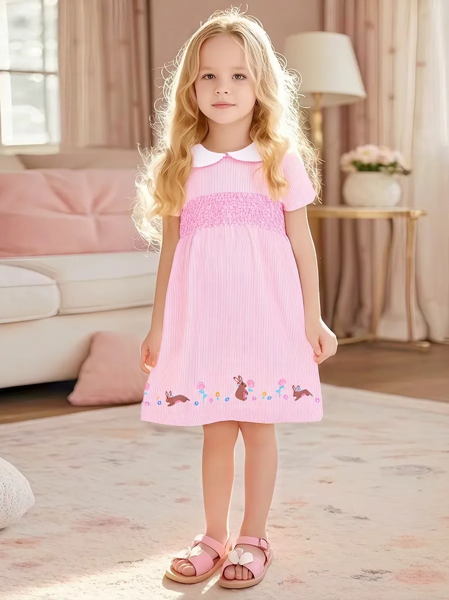 Robe d'été pour Filles en Mélange de Coton à Rayures Roses et Blanches Avec Broderie Lapin et Fleurs Col Claudine Smocks Robe à Manches Courtes