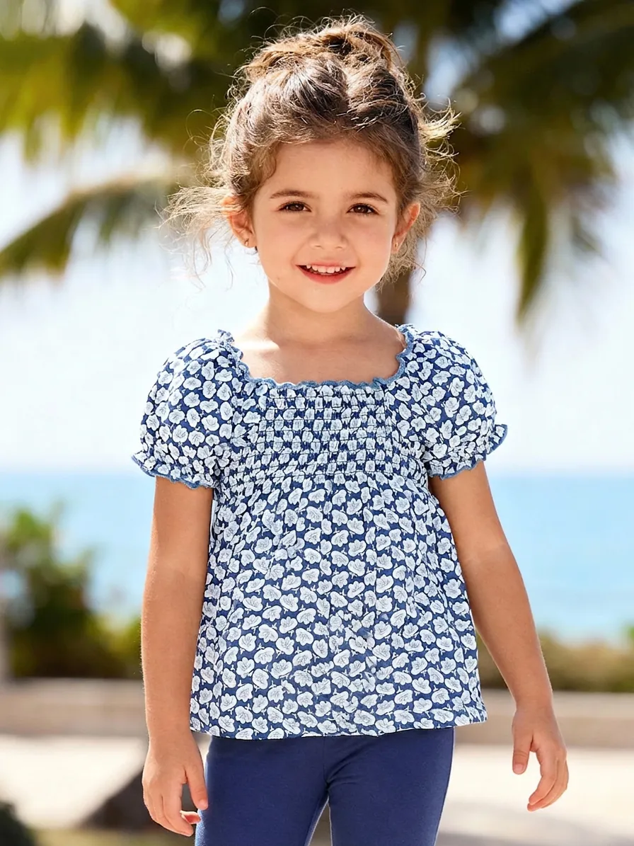 T-Shirt Fille en Coton à Fleurs Avec Détails Smockés et Volants Haut Décontracté d'Été Manches Bouffantes Col Rond