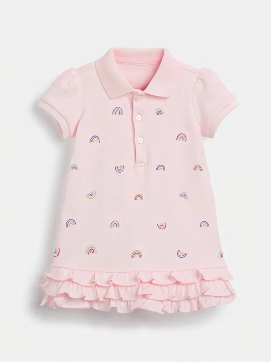 Robe Polo en Coton pour Filles Manches Courtes Imprimé Arc-en-Ciel Ourlet à Volants Robe d'Été pour Tout-petits Tenue Quotidienne Douce