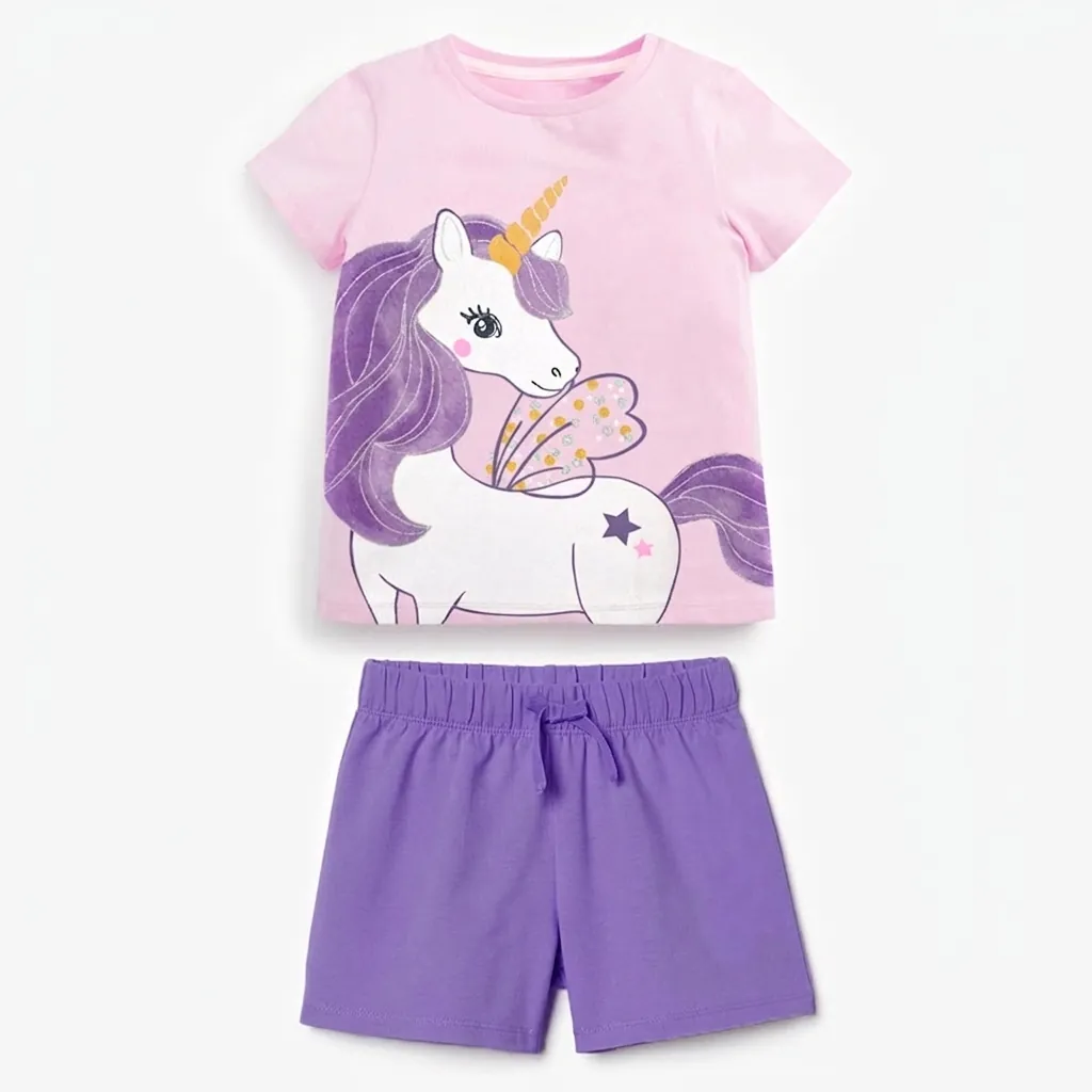 Little Maven Girls Summer Clothing Cotton Short Sleeve Unicorn Print Top And Shorts Outfit For Kids European Style