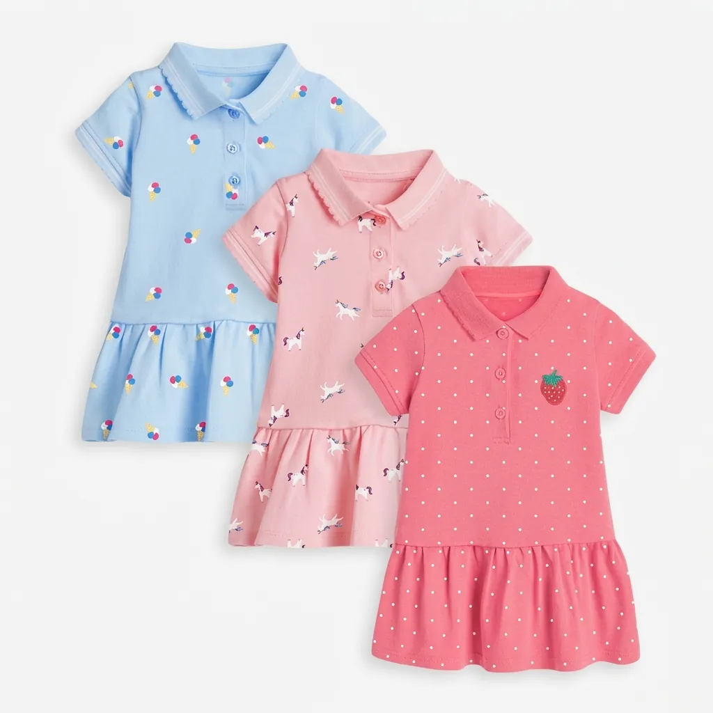 Girls Cotton Polo Dress Short Sleeve Printed Ruffle Hem Casual Summer T-Shirt Dress With Cartoon Unicorn Strawberry Pattern
