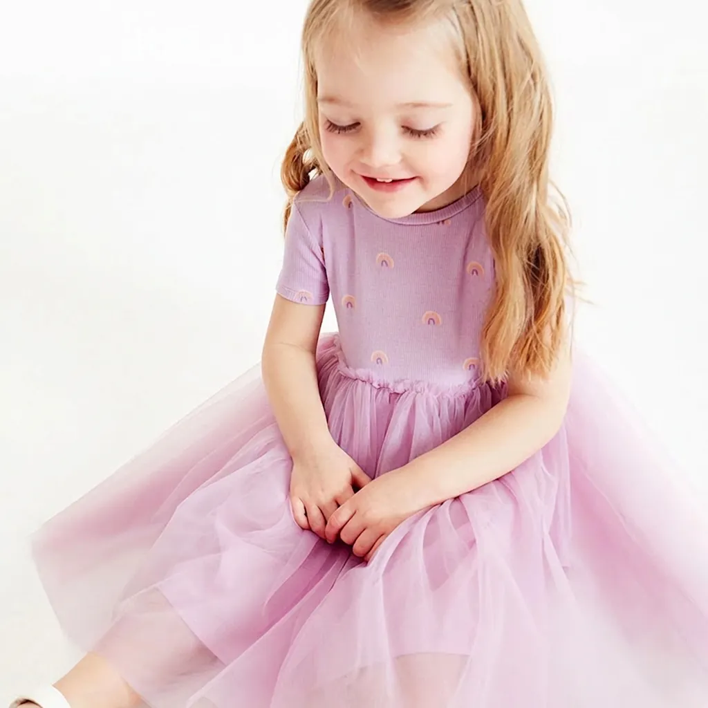 Little Girls Princess Tutu Dress Rainbow Print Short Sleeve Mesh Tulle Lavender Dress For Summer Party Toddler Kids Clothes