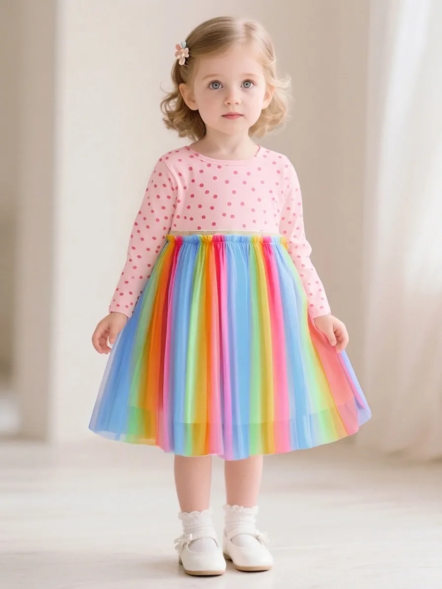 Vestito da Principessa a Maniche Lunghe per Bambina con Gonna in Tulle Arcobaleno Rosa a Pois Patchwork Tutu per Feste