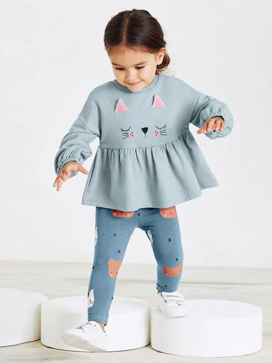 Little Maven Girls Cute Cat Sweatshirt And Printed Pants Autumn Kids Cotton Ruffle Top Casual Clothing Outfit