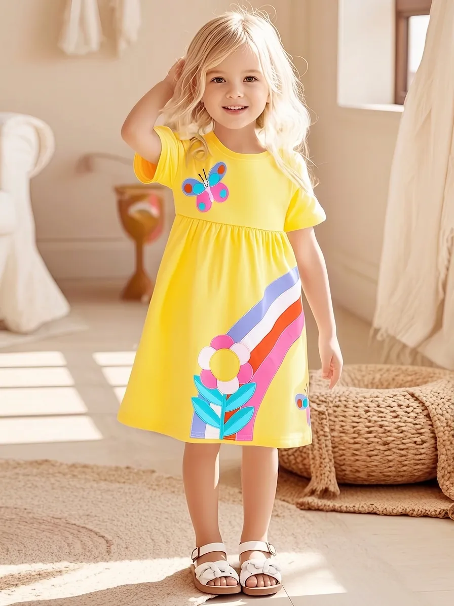 Girls Summer Short Sleeve 100% Cotton Dress Yellow Princess Dress With Butterfly Rainbow Applique Kids Casual Clothing