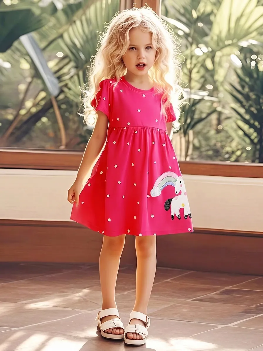 Vestido de Algodón de Manga Corta para Niñas Dibujos Animados Unicornio Arco Iris Aplique Estampado Floral Verano Casual