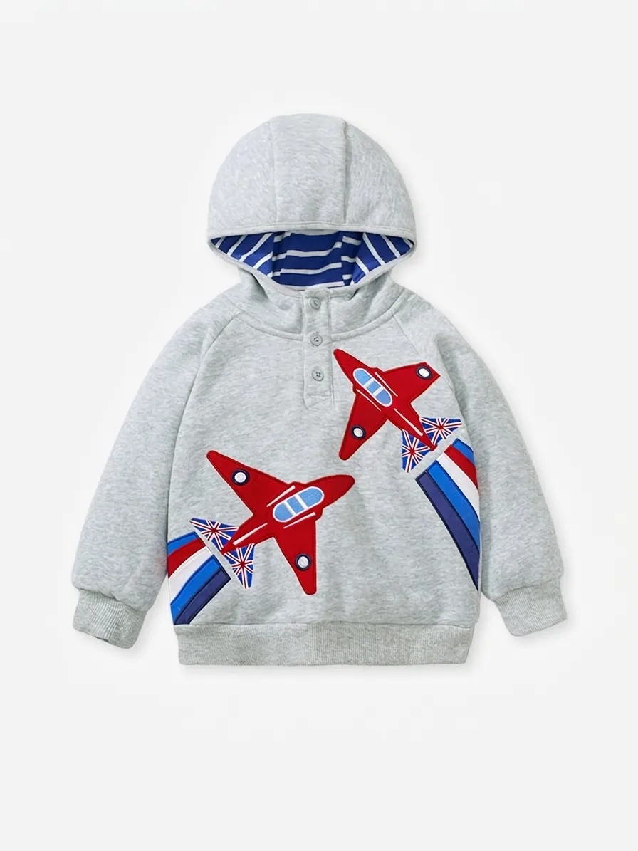Little Maven Boys Winter Warm Fleece Hooded Sweatshirt Cotton Gray Long Sleeve Airplane Appliqué Embroidery Kids Casual Pullover Hoodie